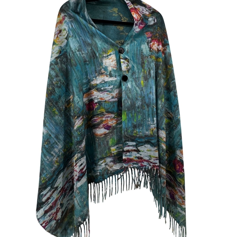 Reversible Teal Floral Impressionist Art Button Wrap Poncho Fringe Boho One Size